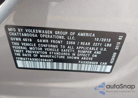 2014 Volkswagen Passat 1.8T Wolfsburg Edition from USA, damaged, VIN 1VWAT7A33EC038497